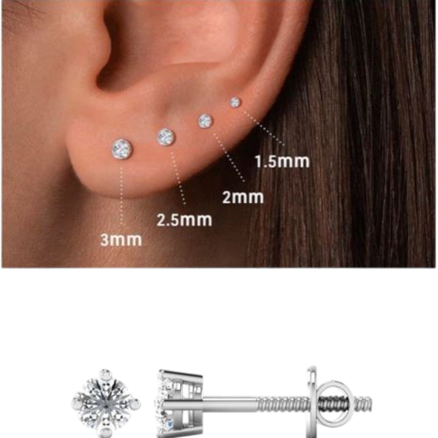 Earring displayed on an ear with size measurements and a close-up of the earring below.