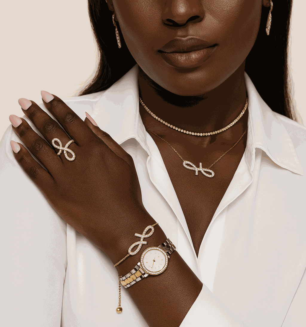 Woman wearing gold jewelry including a watch, bracelet, and ring on a beige background