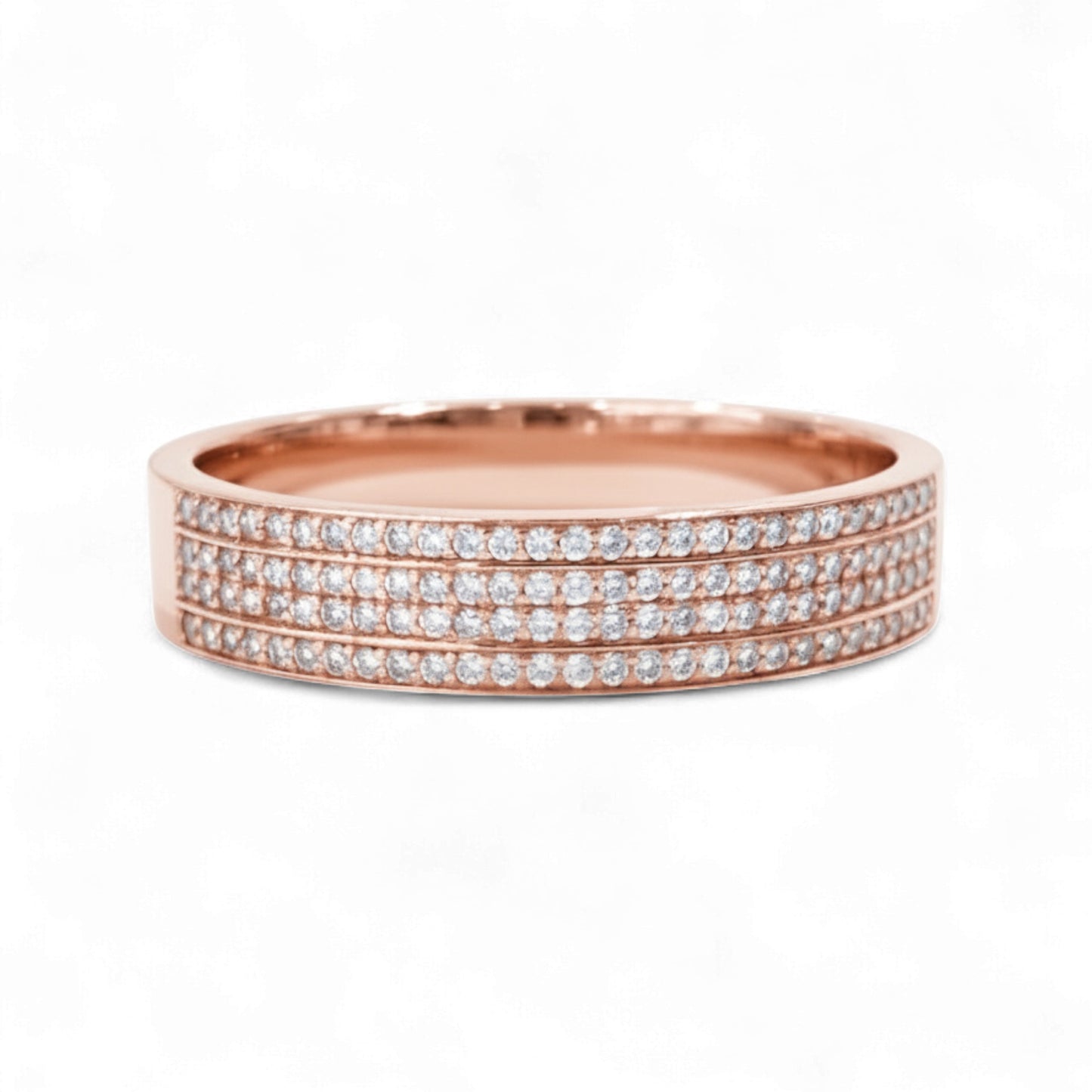 Rose gold ring with multiple rows of diamonds on a white background