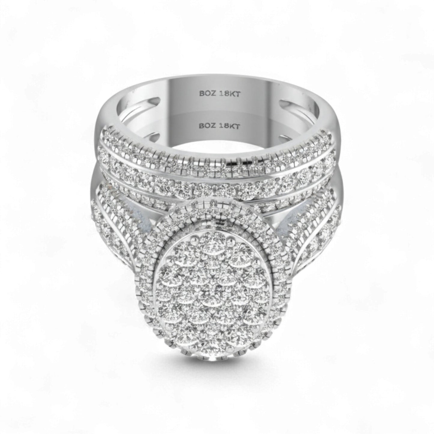 Silver ring with diamond accents on a white background