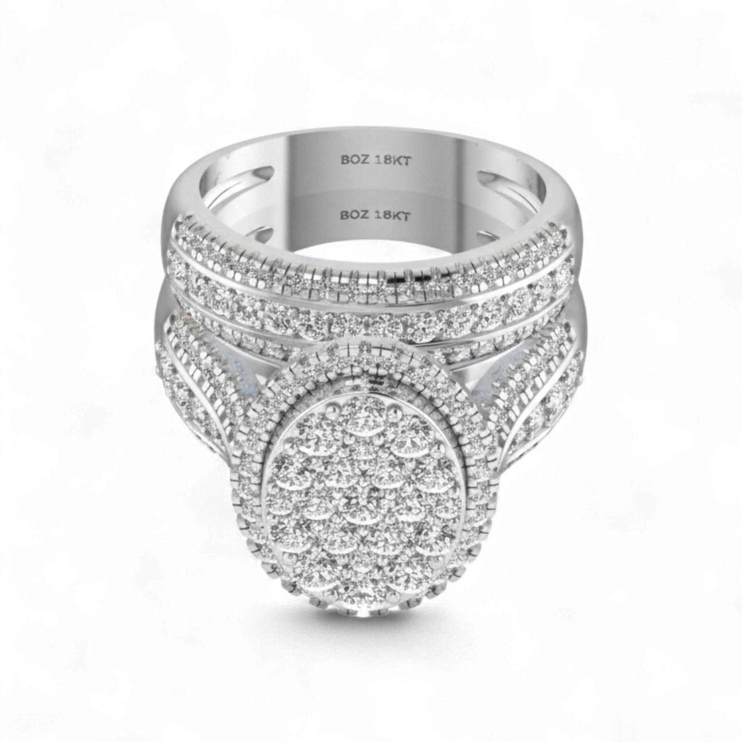 Silver ring with diamond accents on a white background