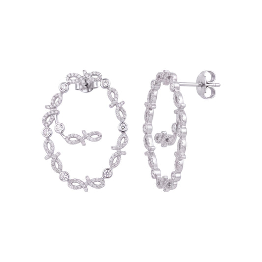 A pair of silver hoop earrings decorated with small clear pavé-set stones and dangling fish-shaped motifs, shown on a plain white background.