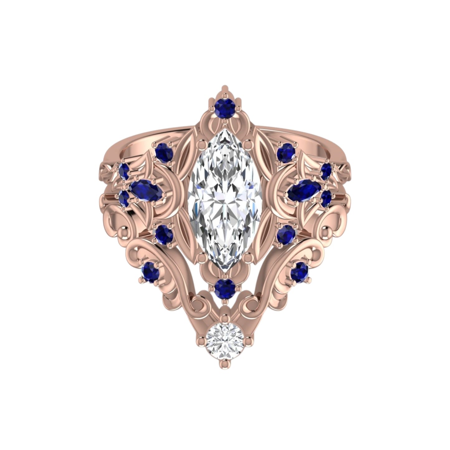 Rose gold ring with marquise-shaped diamond and blue gemstones on a white background