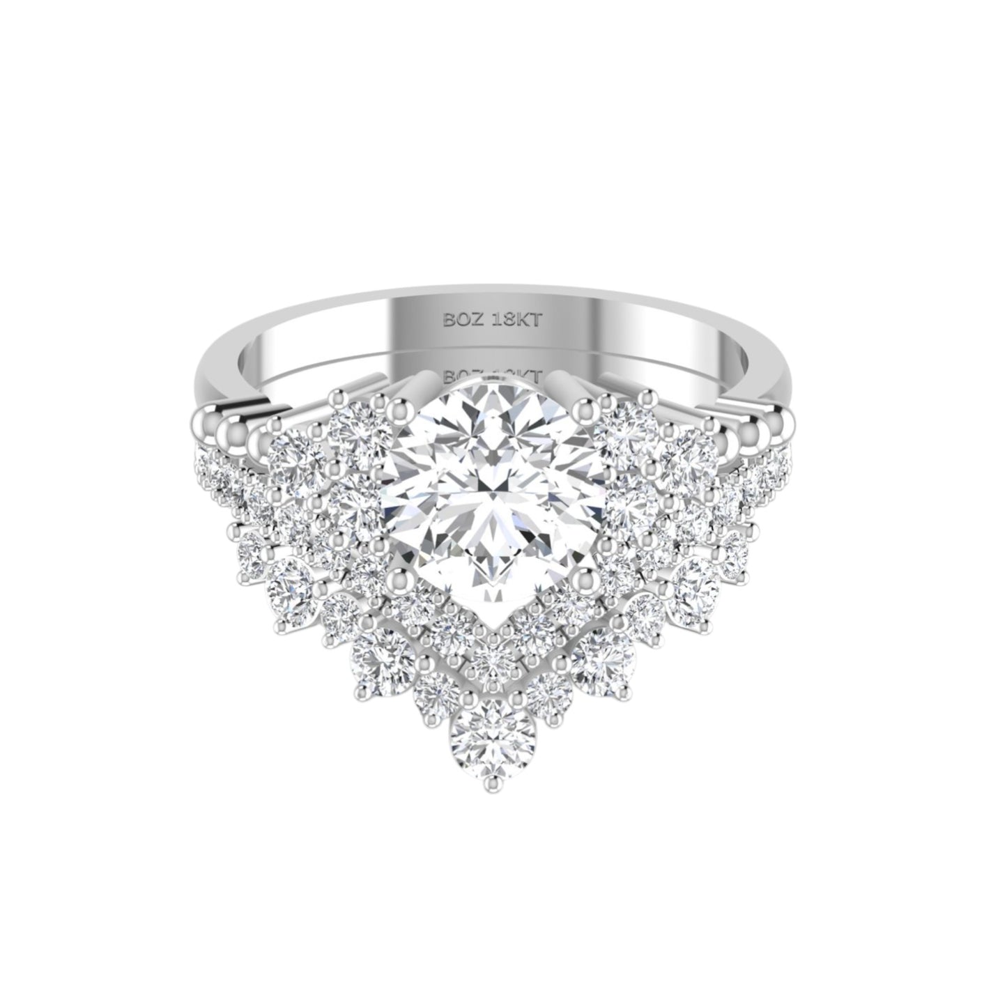 Silver ring with a large diamond and smaller diamonds on a white background
