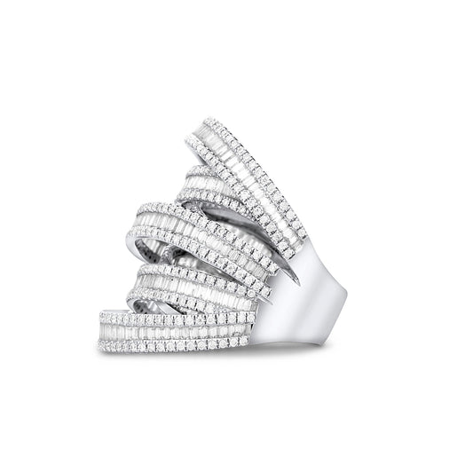 Stack of diamond rings on a white background