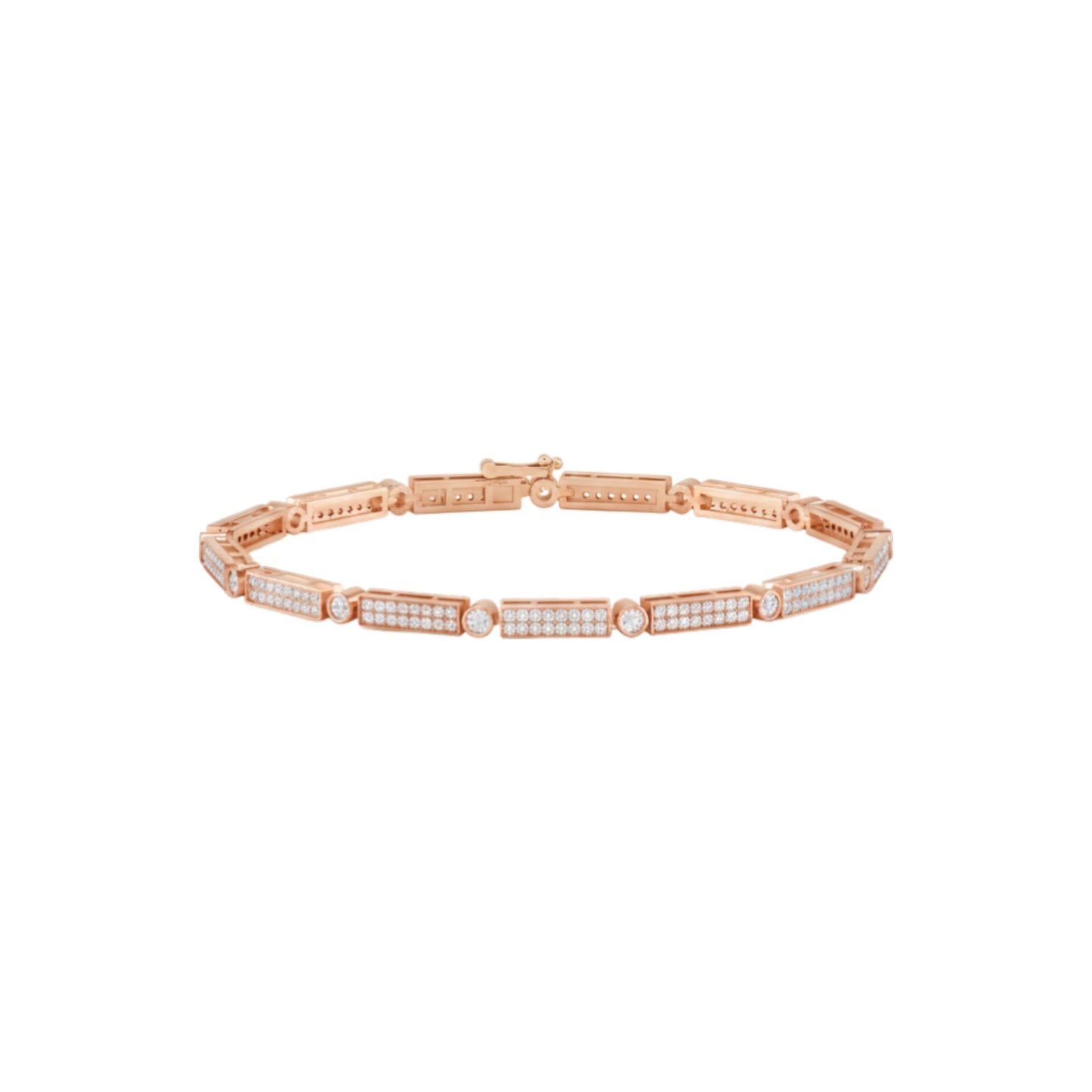 Rose gold bracelet with small diamonds on a white background