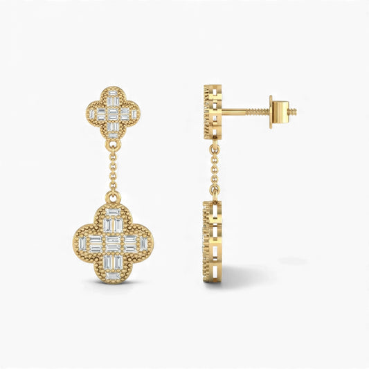 Baguette Clover Drop Diamond Earrings 18KT Gold