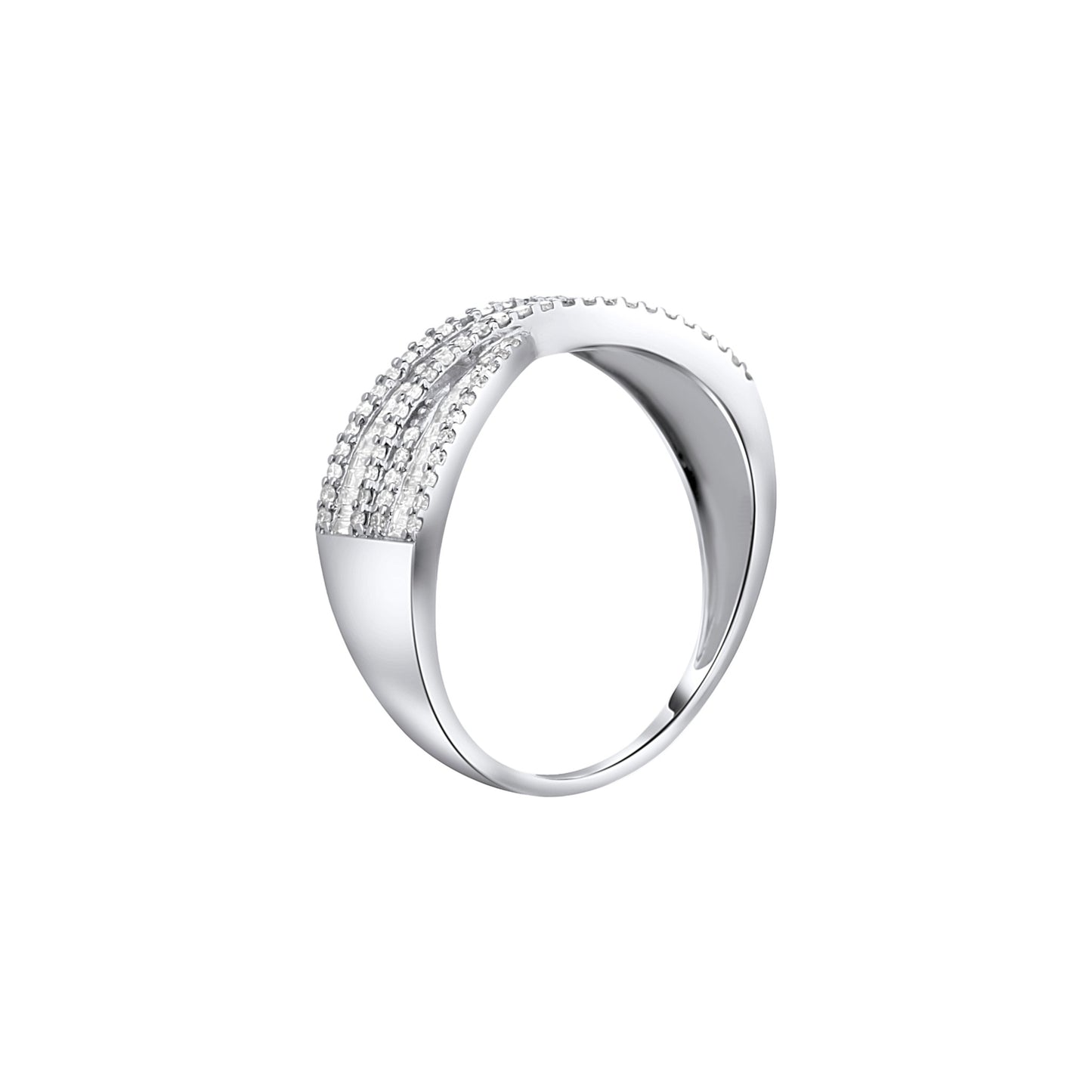 Silver ring with embedded diamonds on a white background