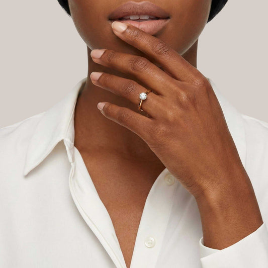 Close-up of a hand wearing a ring with a white background