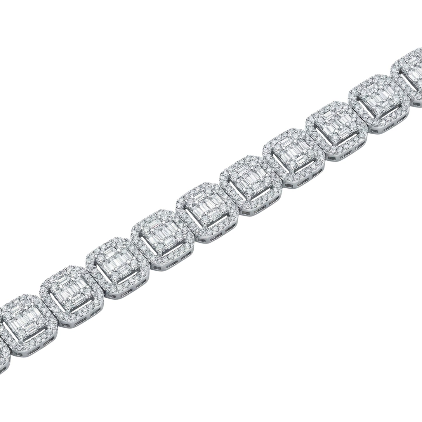 Diamond bracelet with rectangular-cut stones on a white background