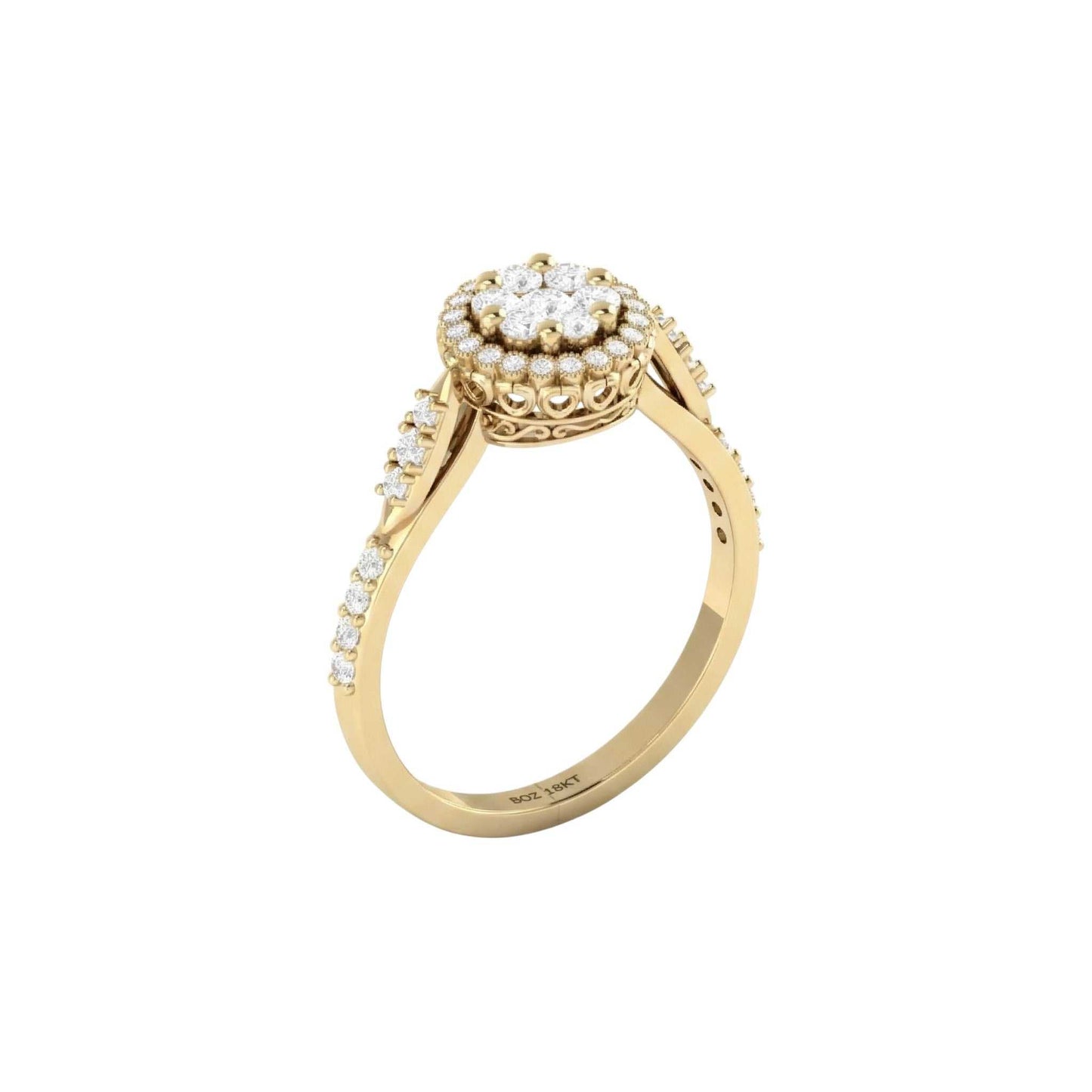 Gold ring with diamond accents on a white background