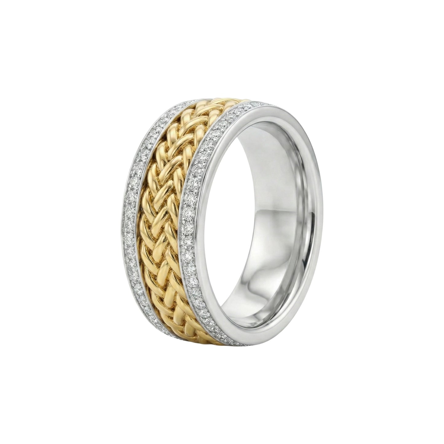 Two-tone ring with braided design on a white background