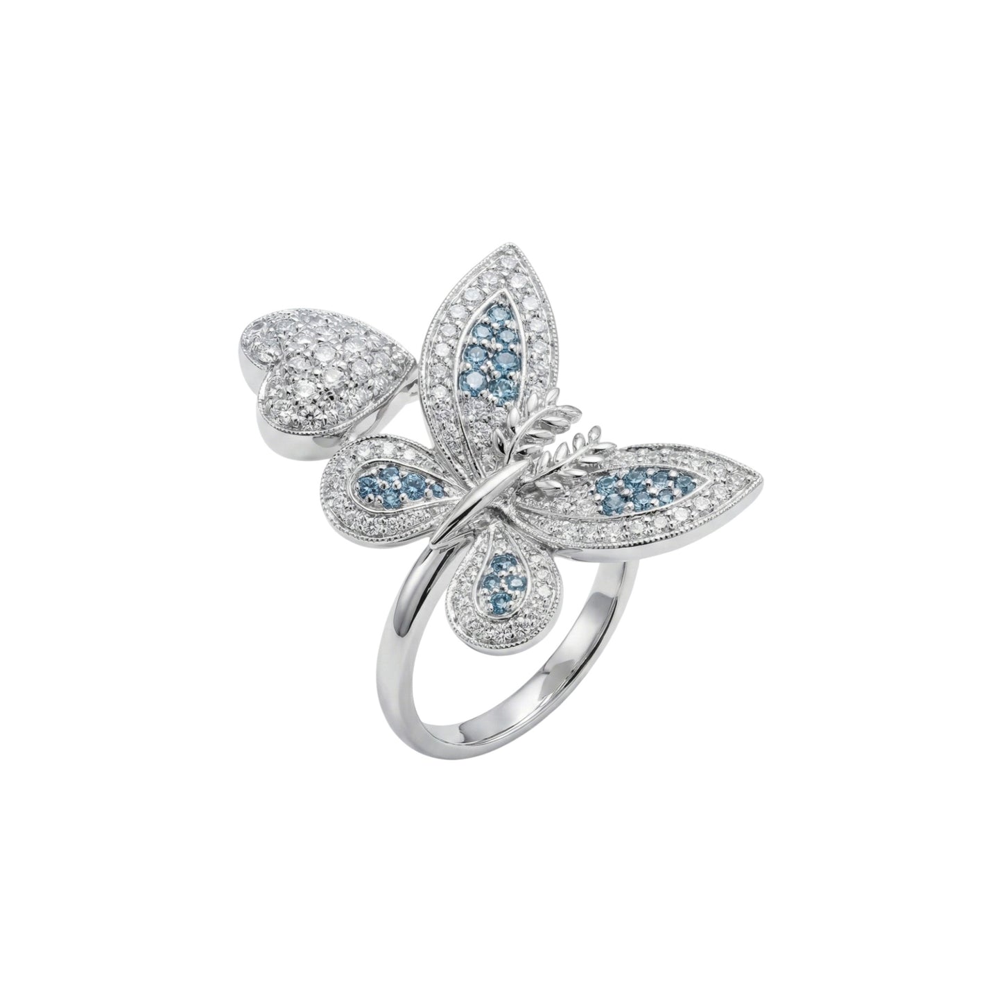 Butterfly-shaped ring with gemstones on a white background