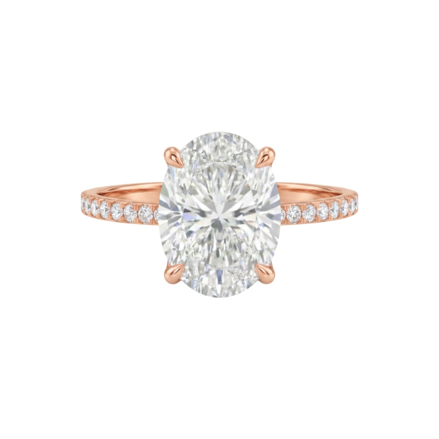 Rose gold ring with a large diamond and smaller diamonds on the band against a white background
