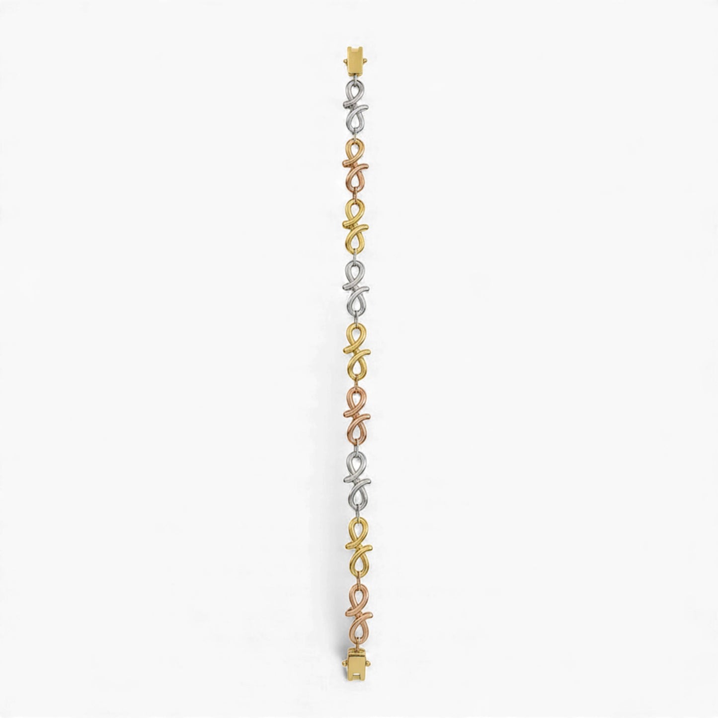 Three-strand bracelet with gold, silver, and rose gold links on a white background