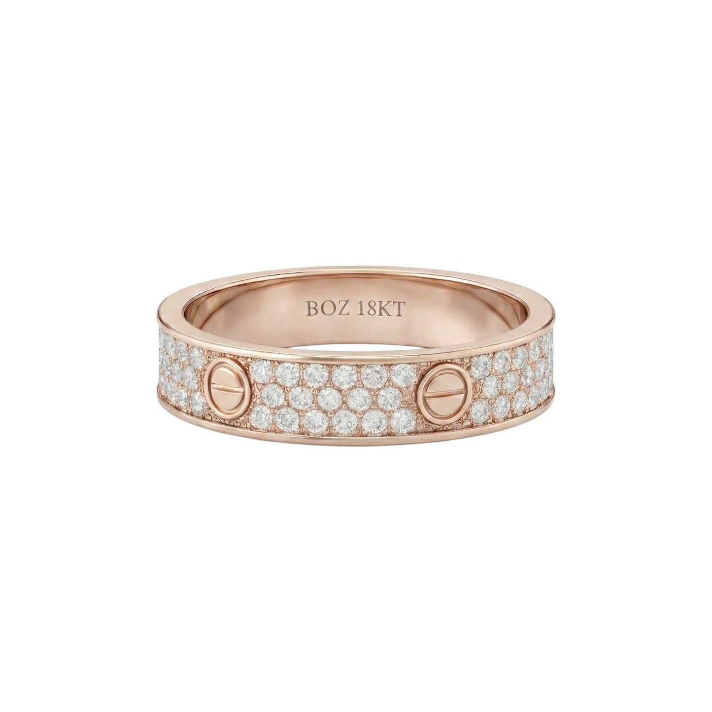 Rose gold ring with diamond accents on a white background