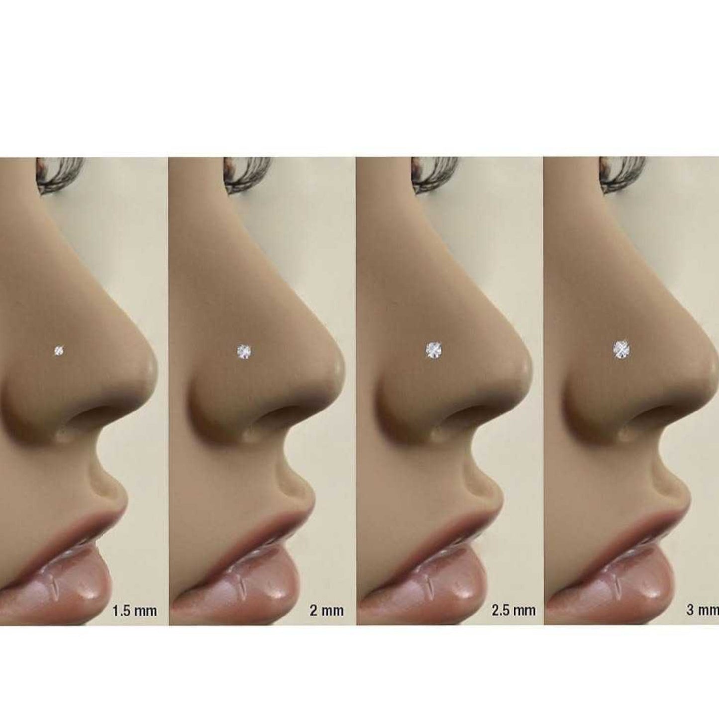 Nose stud earrings displayed on mannequin noses with different sizes.