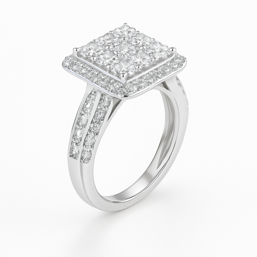 Diamond ring with a square halo and side stones on a white background