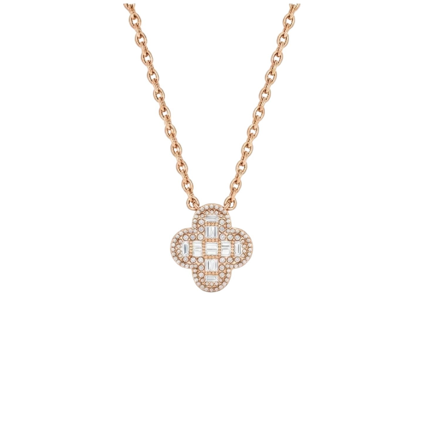 Rose gold necklace with a diamond pendant on a white background