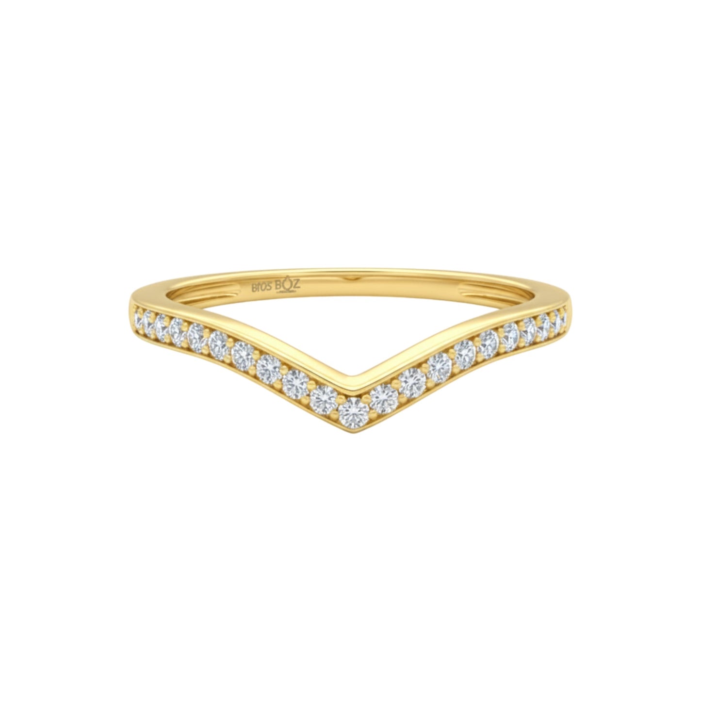 Gold ring with diamond accents on a white background