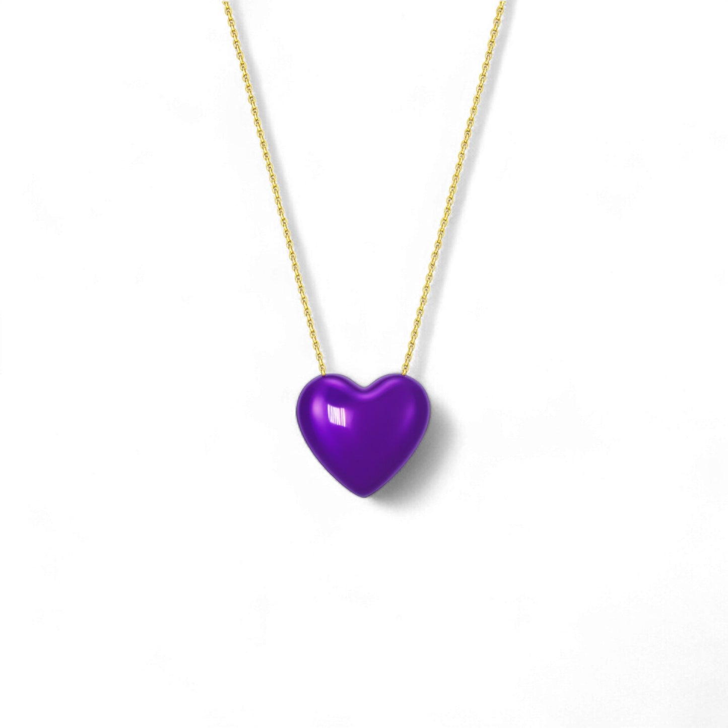 Purple heart-shaped pendant on a gold chain against a white background