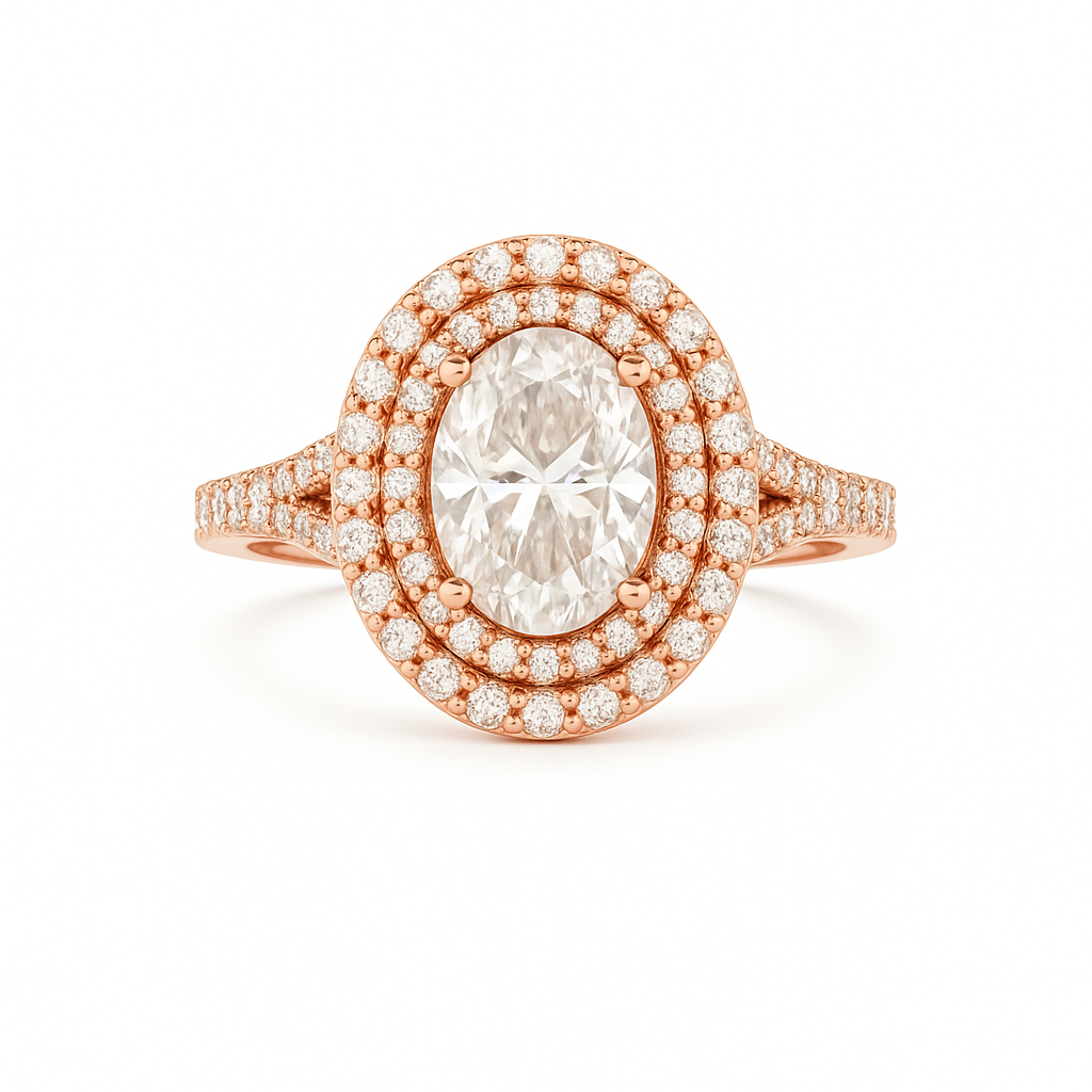 Rose gold ring with a large diamond and smaller diamonds on a white background