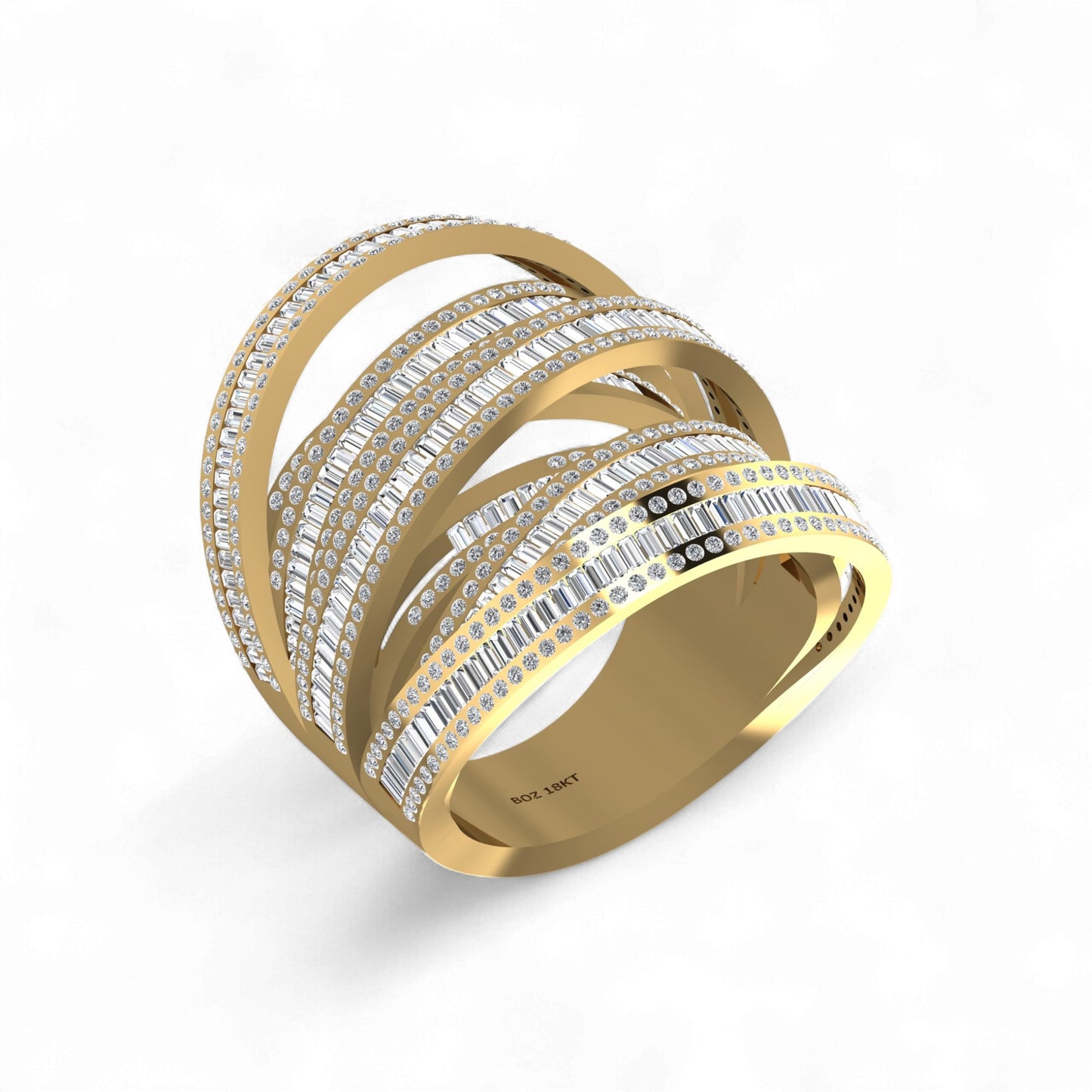 Layered Crisscross Baguette Cut Tri Tone Ring in 18KT Gold