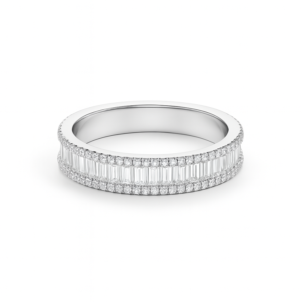 Silver ring with diamond accents on a white background