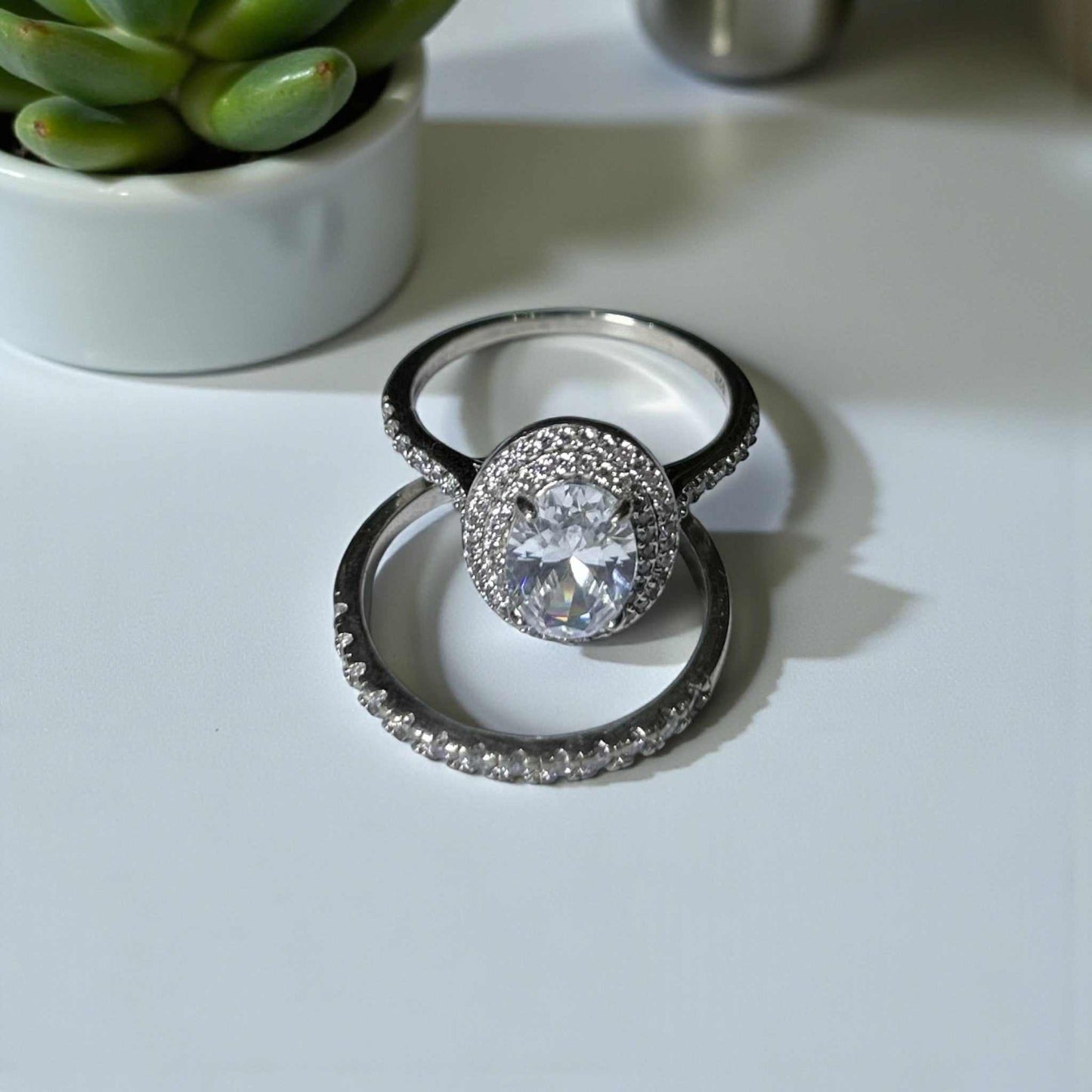 Mariam Oval CZ Bride set 925 sterling silver ring with oval cubic zirconia centerpiece and pavé accents