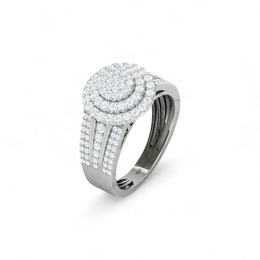 Silver ring with diamond accents on a white background