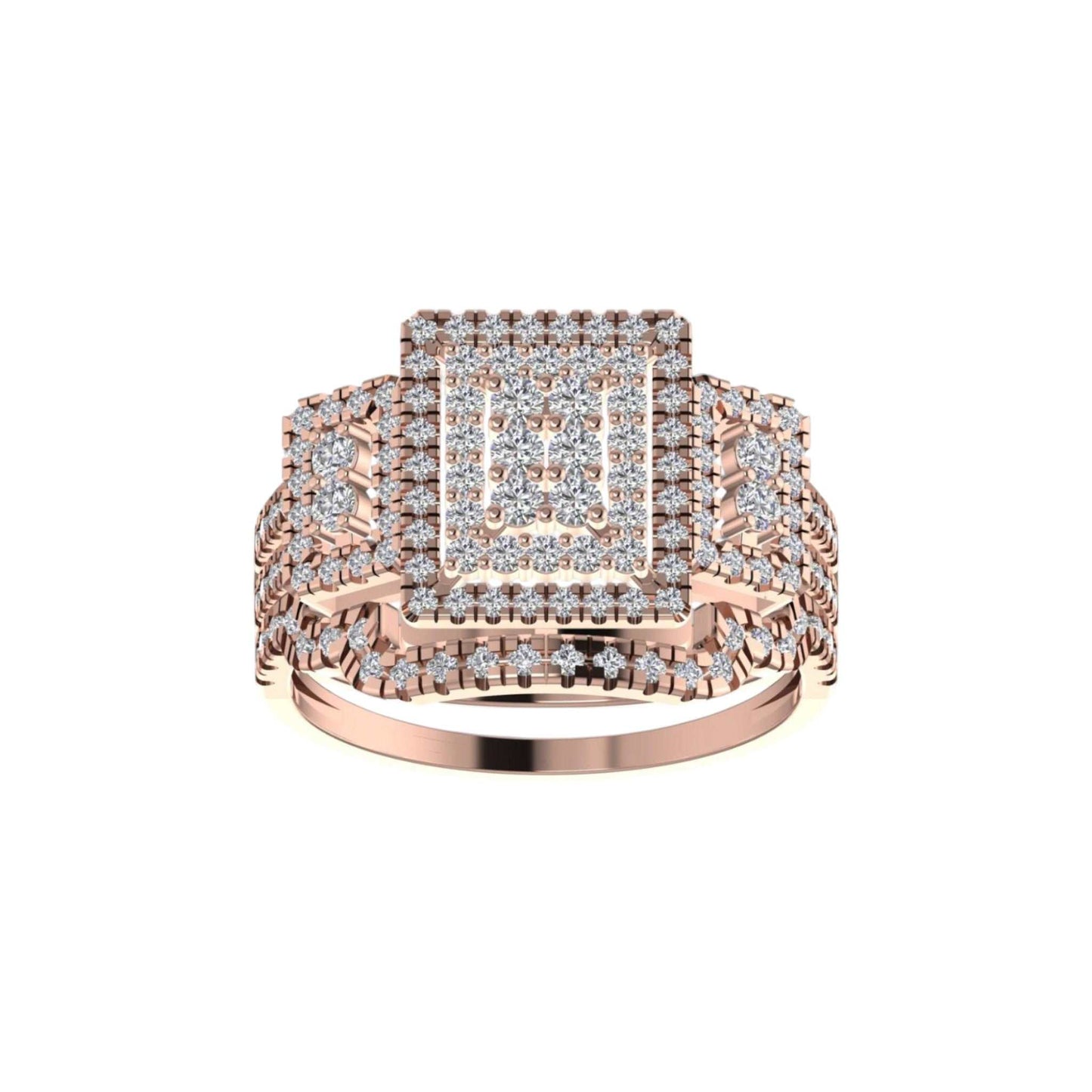 Rose gold ring with diamond accents on a white background