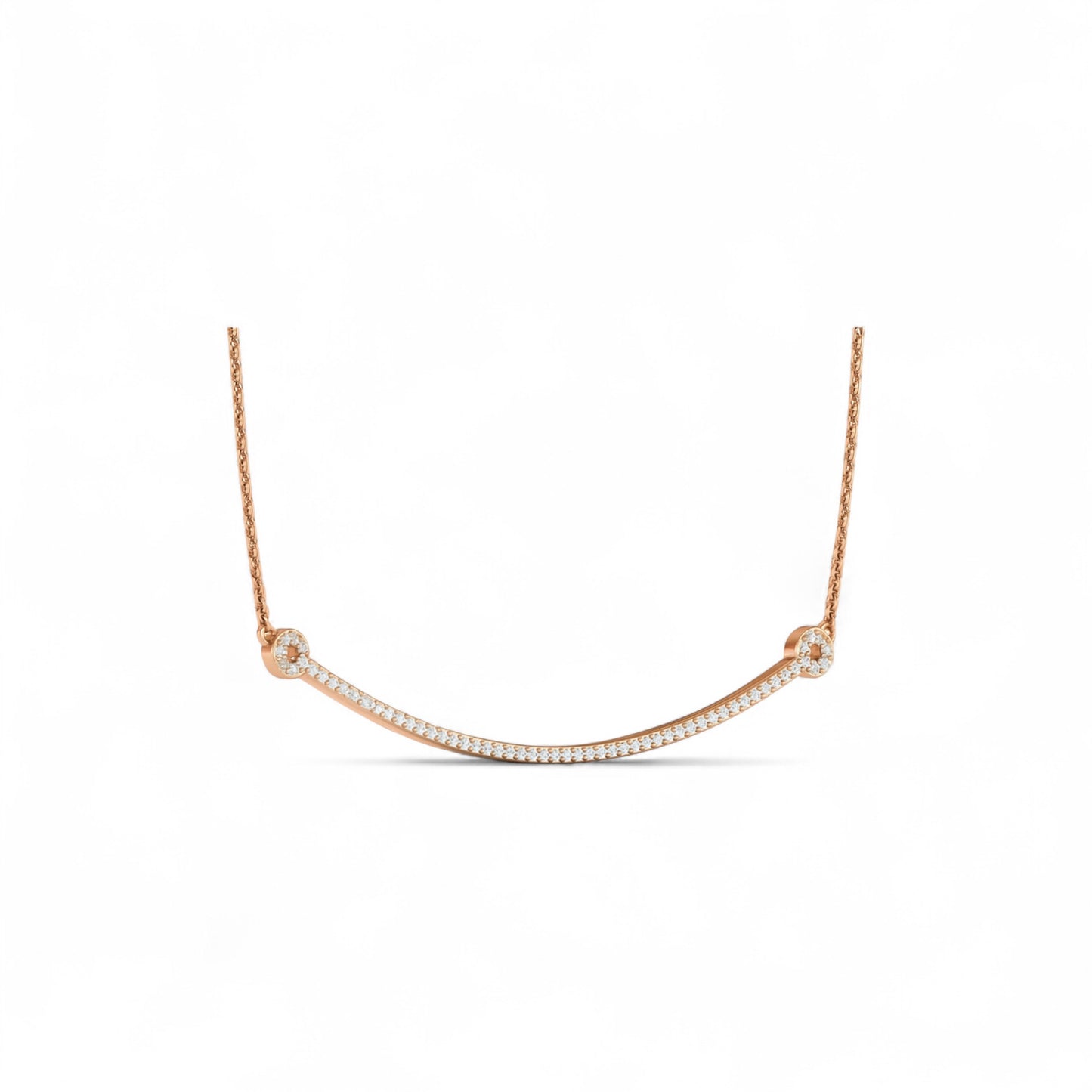Rose gold necklace with small diamonds on a white background
