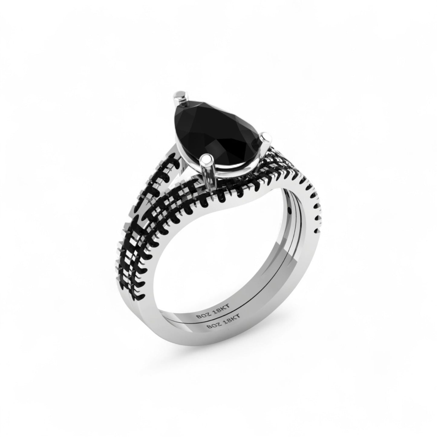 Split Shank Pear Cut Black Natural Diamond Bride Set in 18K Gold