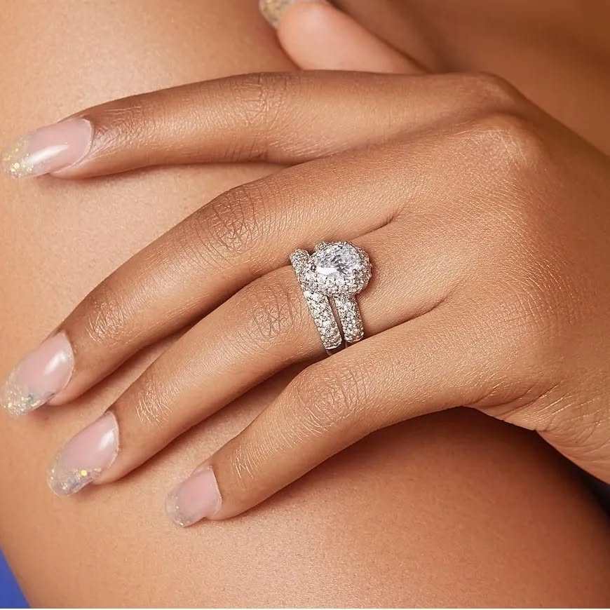 Zara Pear Cut CZ Bride Set 925 sterling silver pear cut cubic zirconia bridal ring set on hand