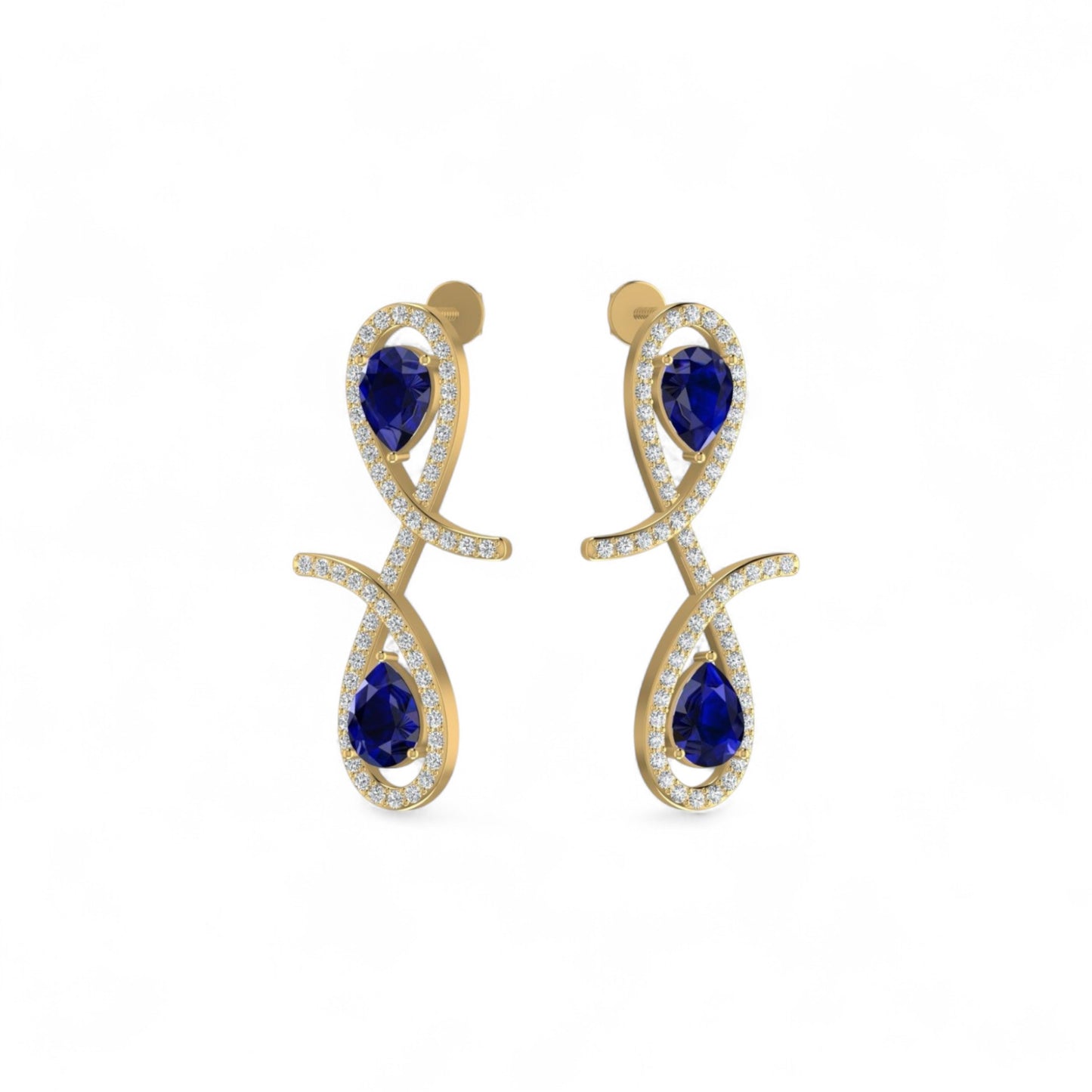 Gold earrings with blue gemstones on a white background
