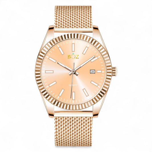 Rose gold watch with mesh band on a white background