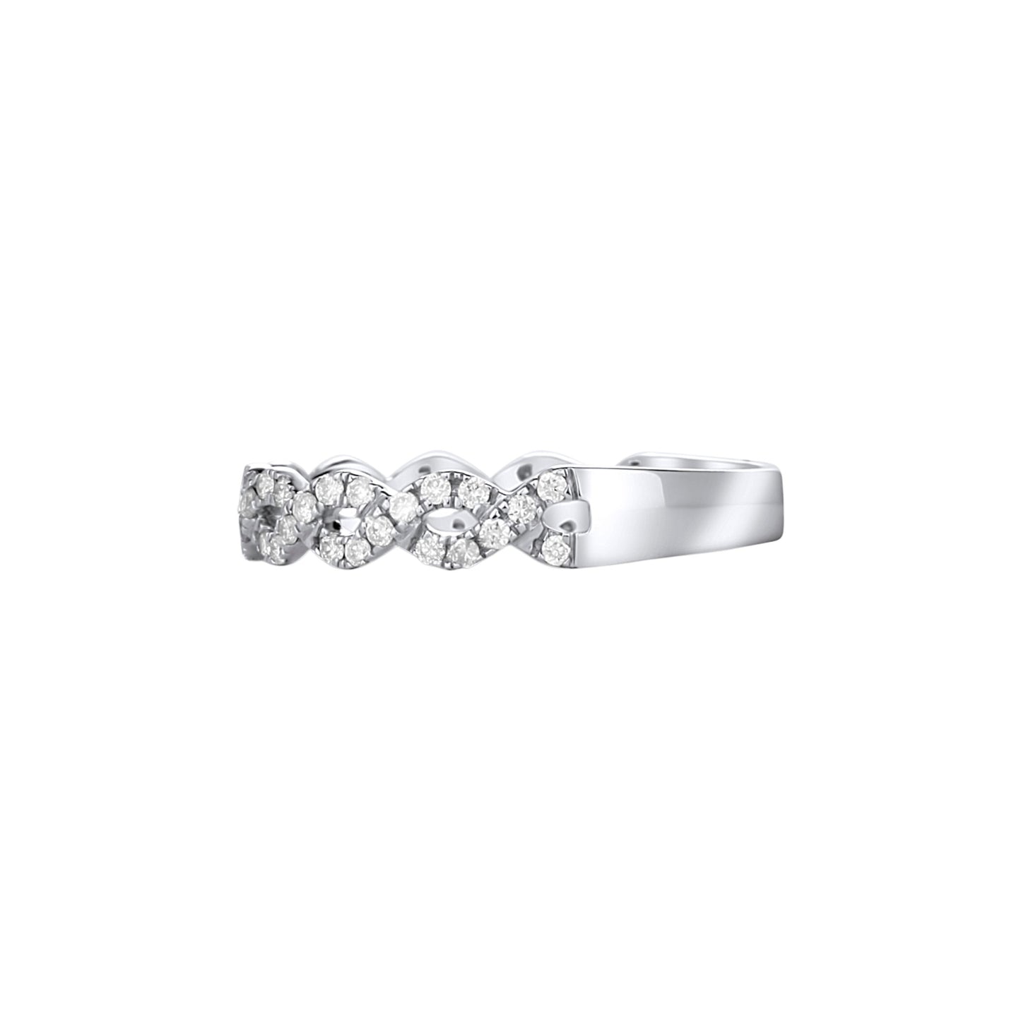 Silver ring with diamond accents on a white background