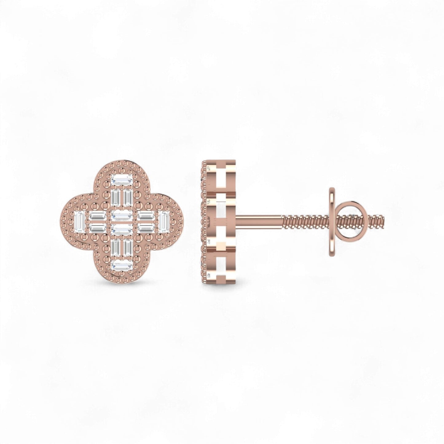 Rose gold earrings with diamond accents on a white background