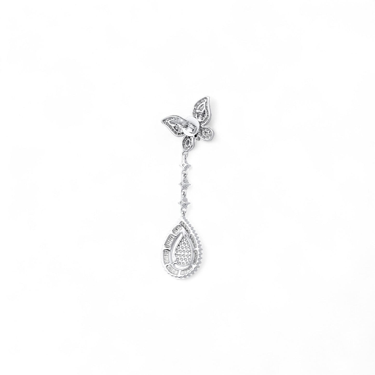 Silver teardrop earring on a white background