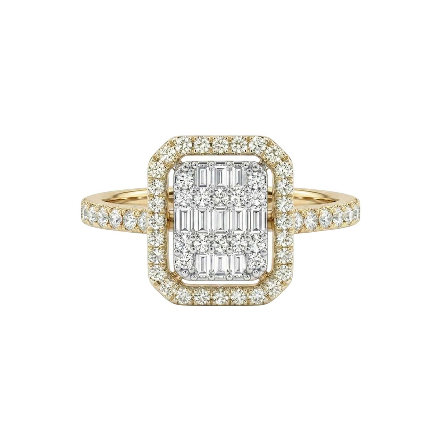 Gold ring with diamond accents on a white background