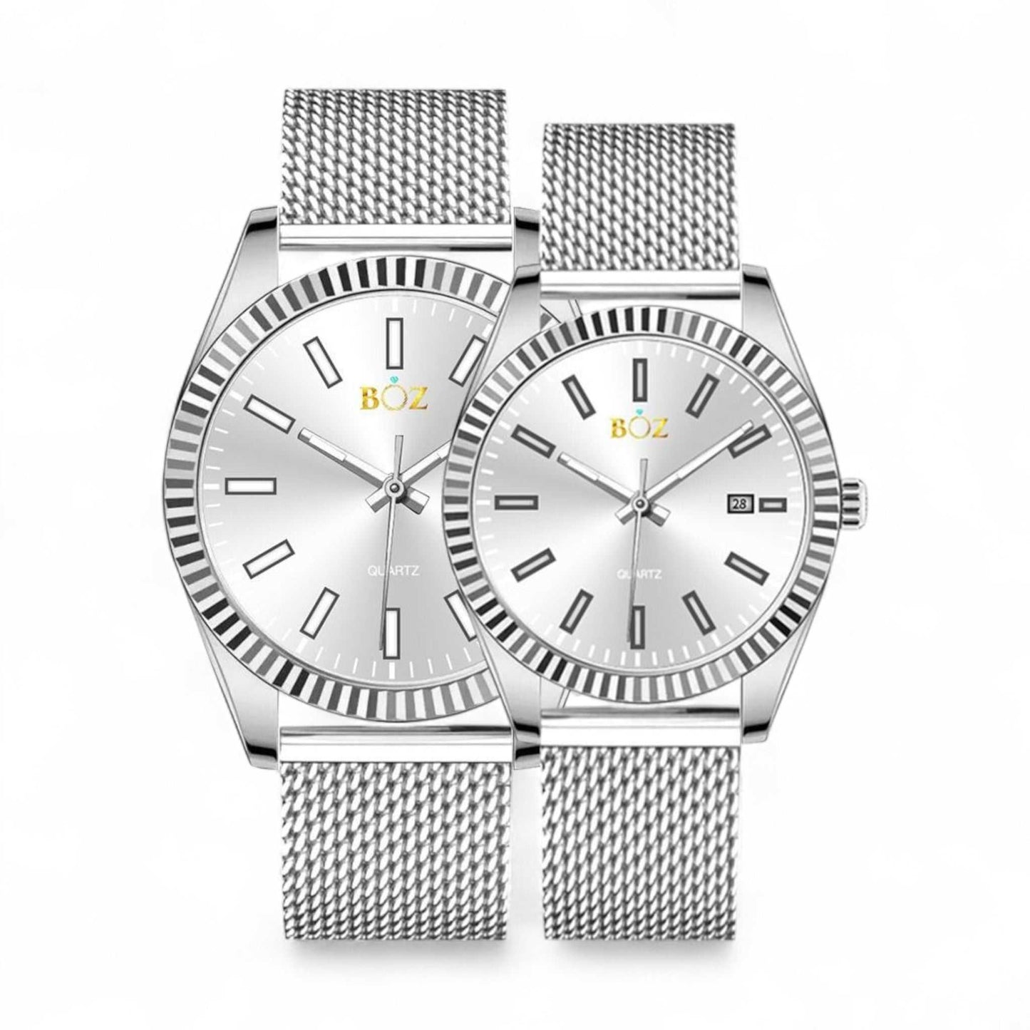Two silver watches with mesh bands on a white background, featuring the brand 'BOZ'.
