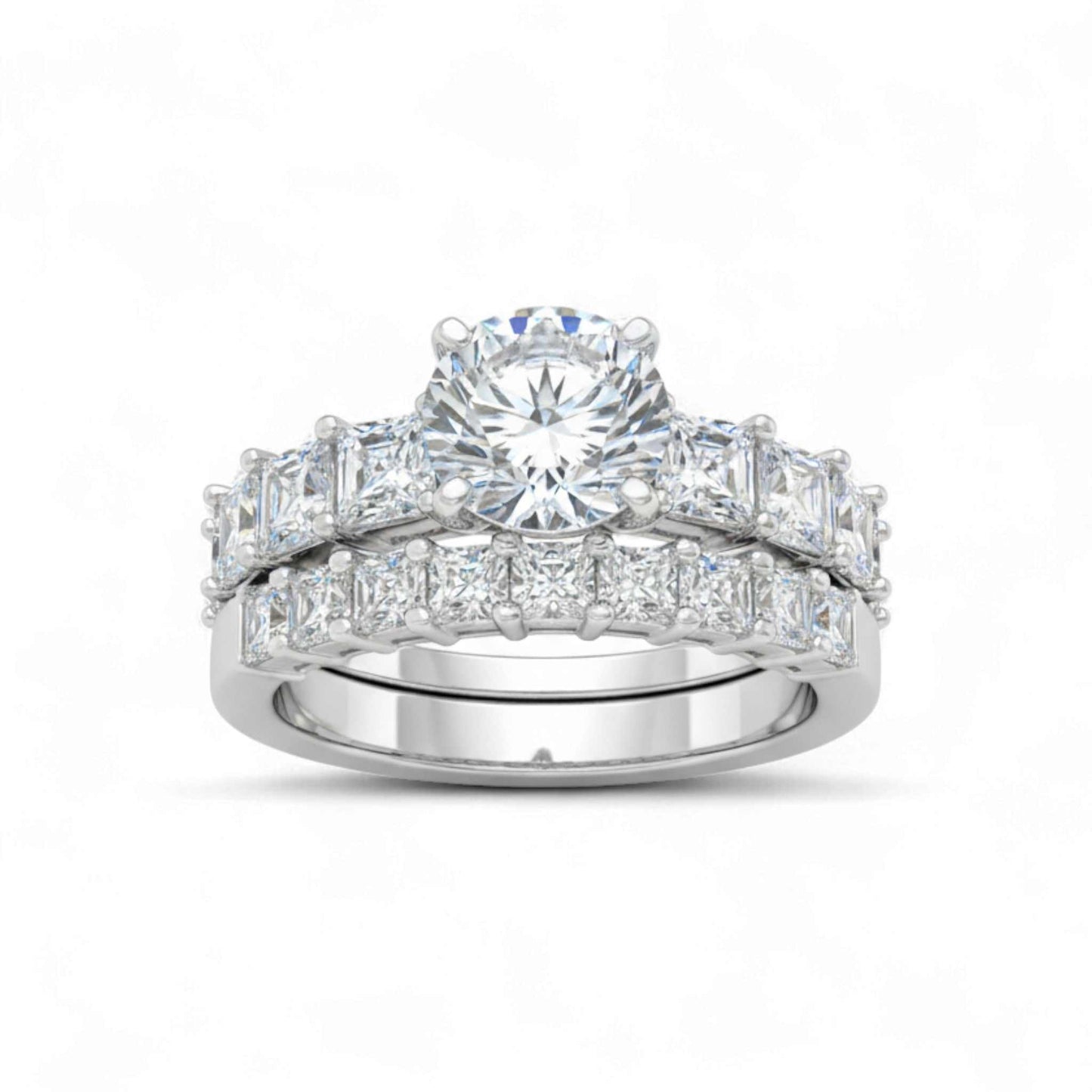 Moremi Round Cut CZ bridal set in 925 sterling silver with round-cut cubic zirconia and matching wedding band