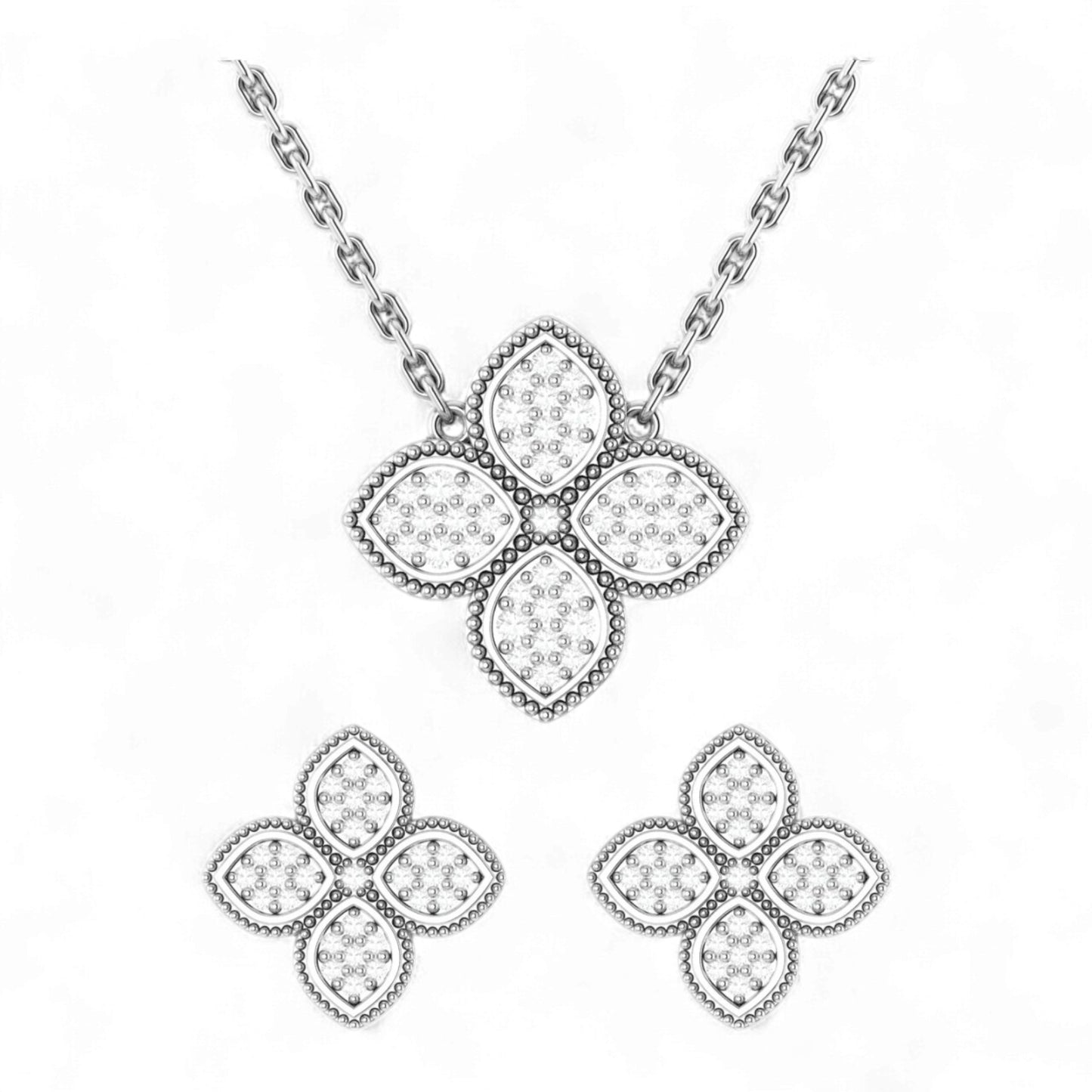 Butterfly-shaped silver necklace and earrings on a white background