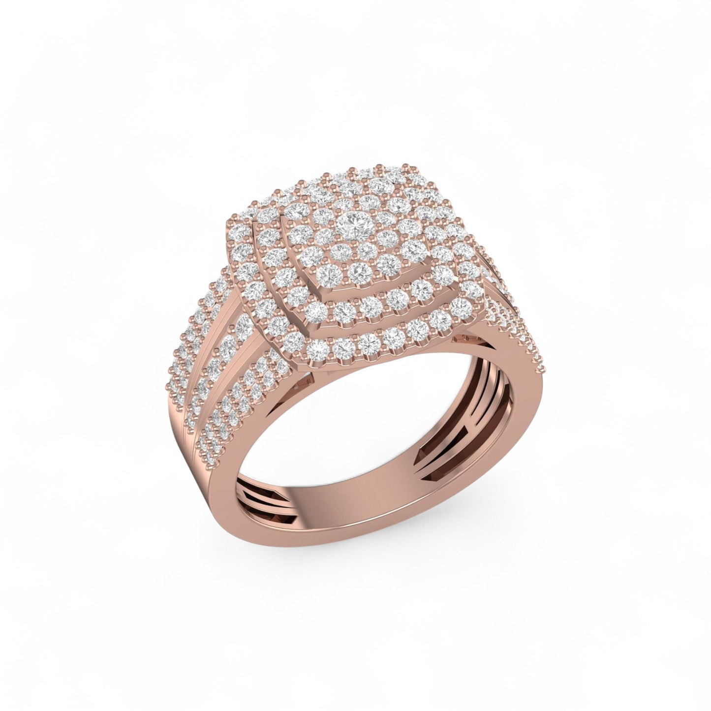 Rose gold ring with diamond accents on a white background