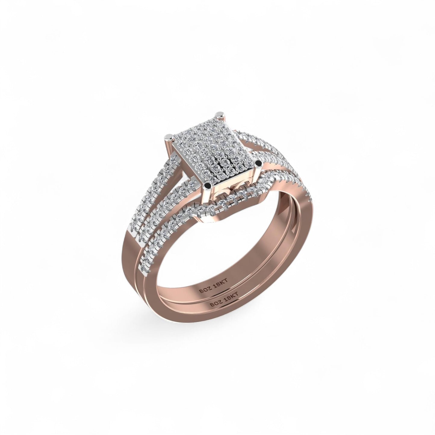 Rose gold ring with diamond accents on a white background