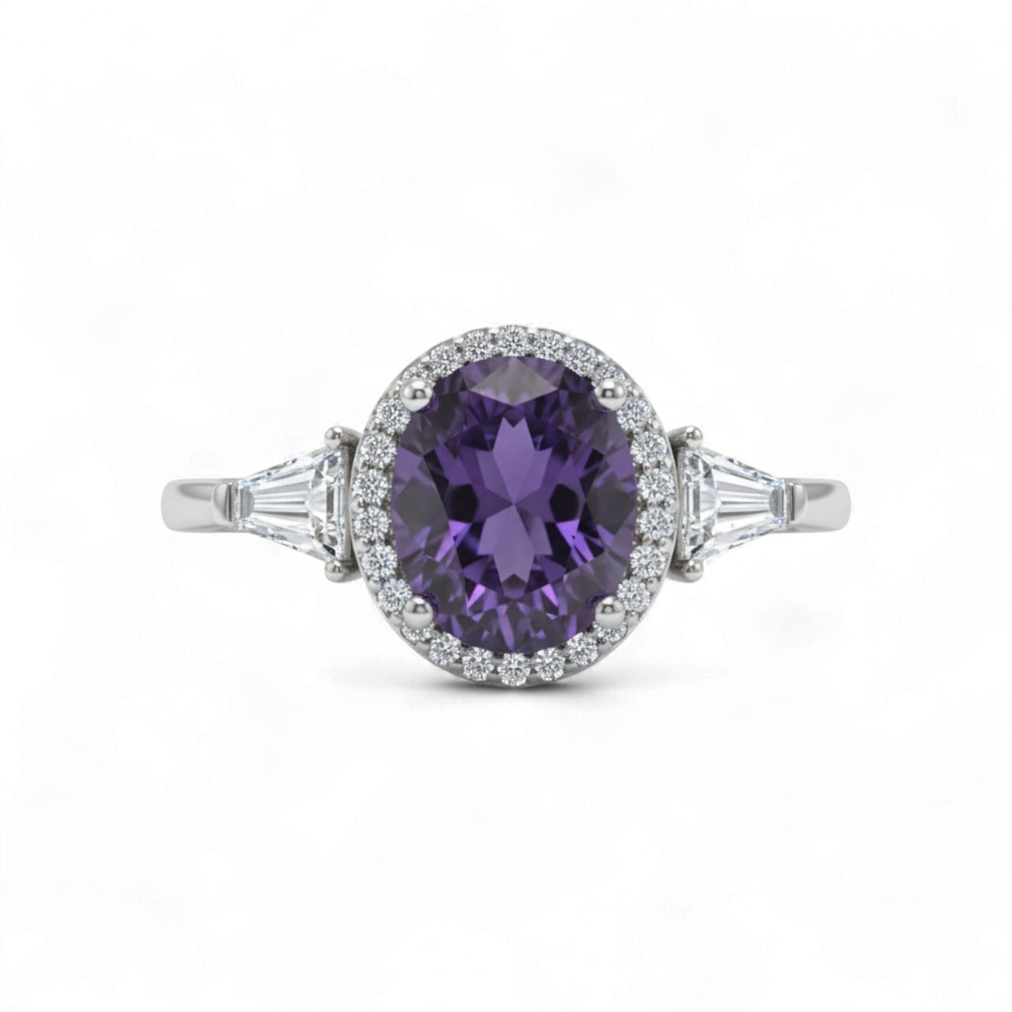 Purple Oval Cut CZ Baguette Engagement Ring in 925 Sterling Silver