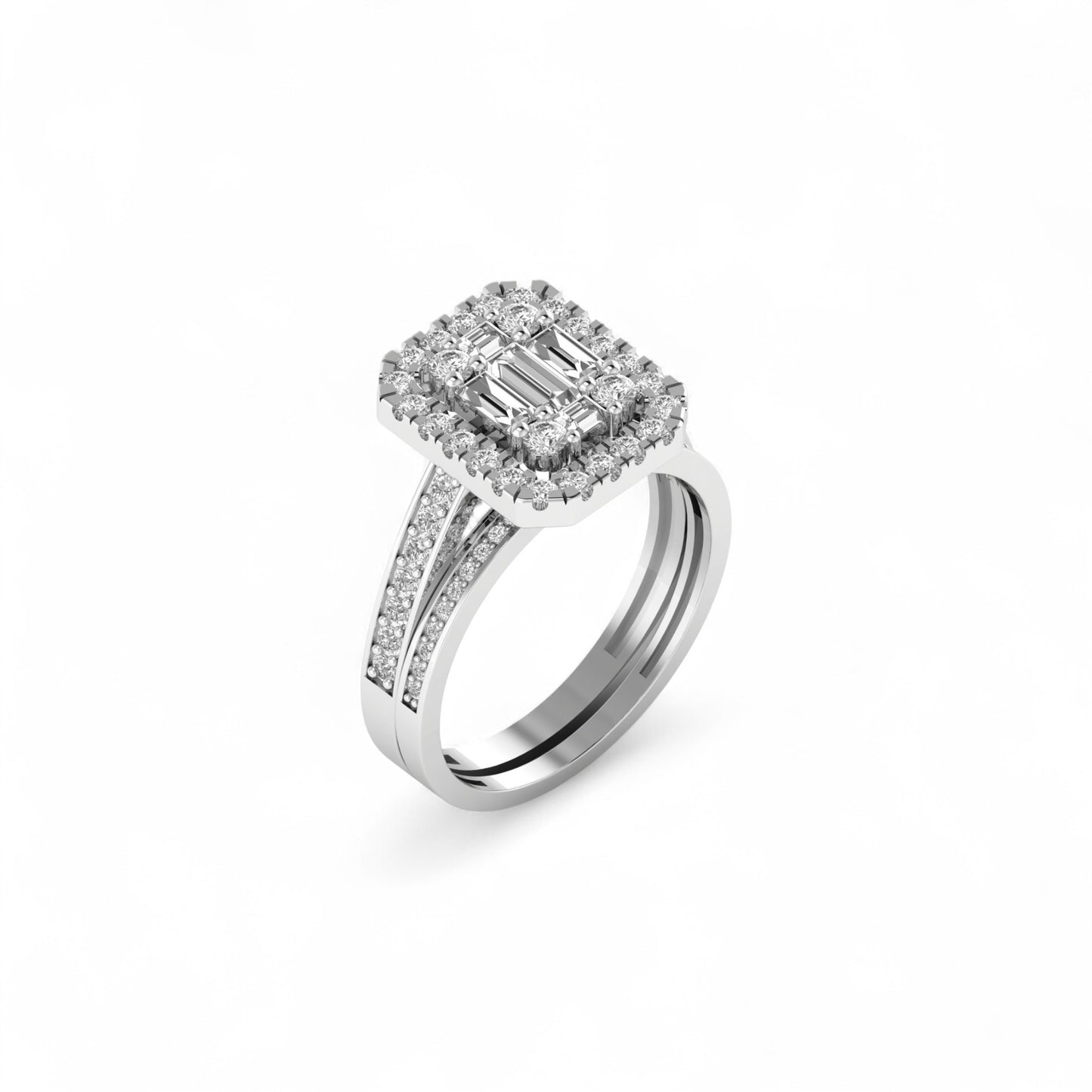 Diamond ring with a central emerald-cut stone and smaller diamonds on a white background
