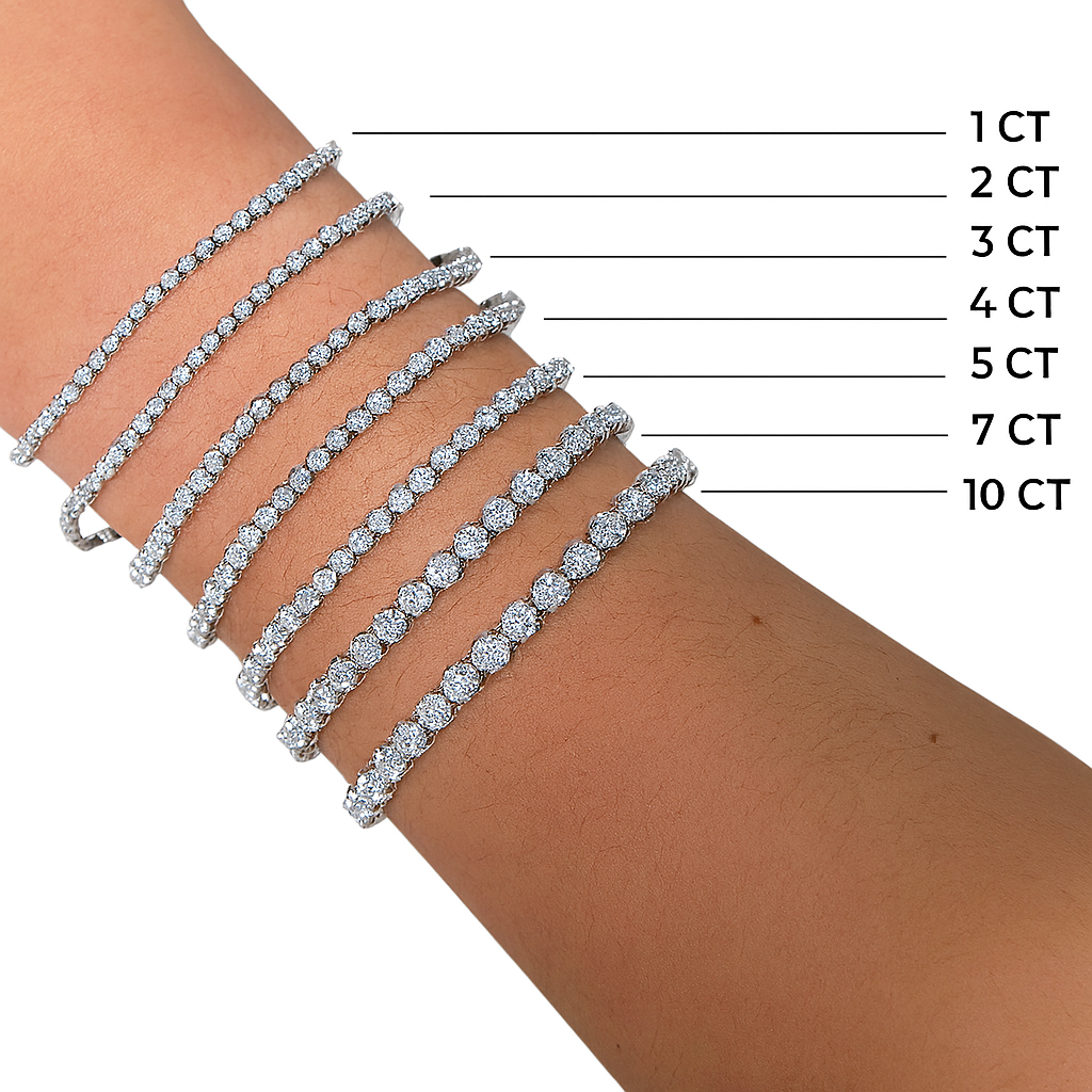 Diamond bracelets on a wrist with labeled carat weights.