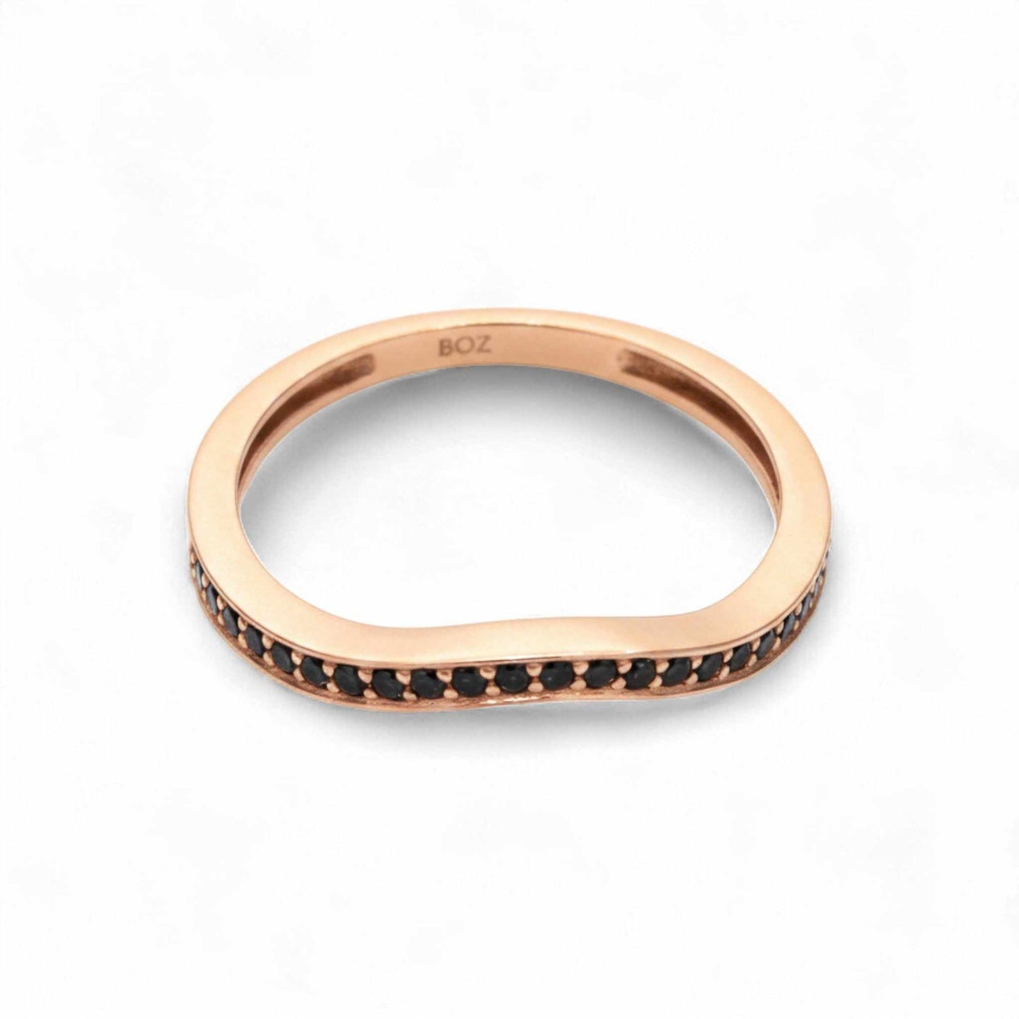 Wishbone curve black CZ band in 10KT gold with black cubic zirconia stones