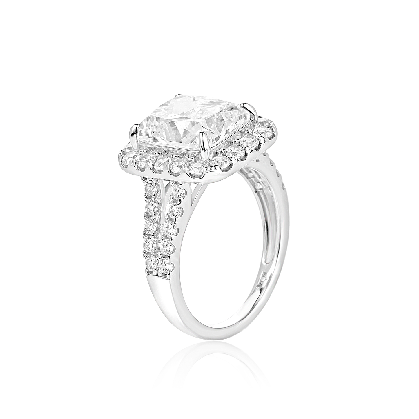 Diamond ring with a prominent central gemstone on a white background